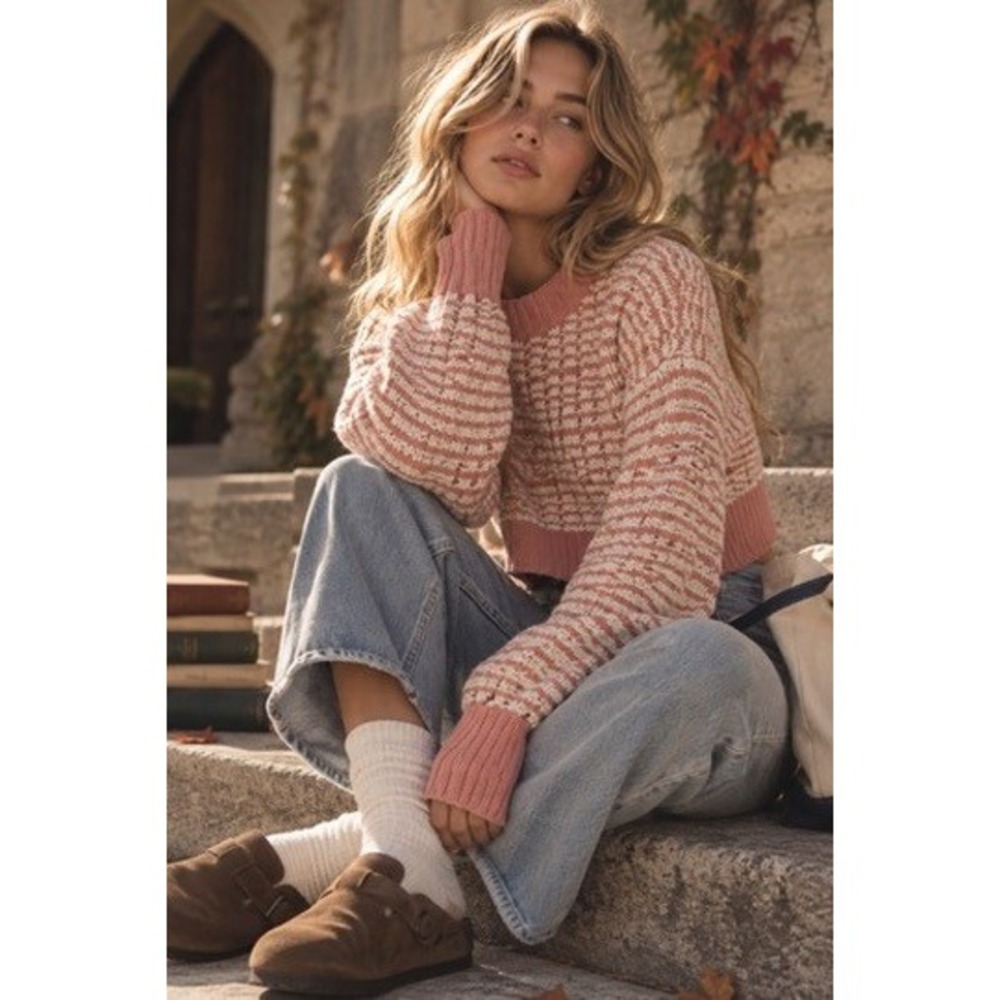 Altar'd State Womens Pink Cream Striped Cropped Textured Knit Sweater XS ASWS233